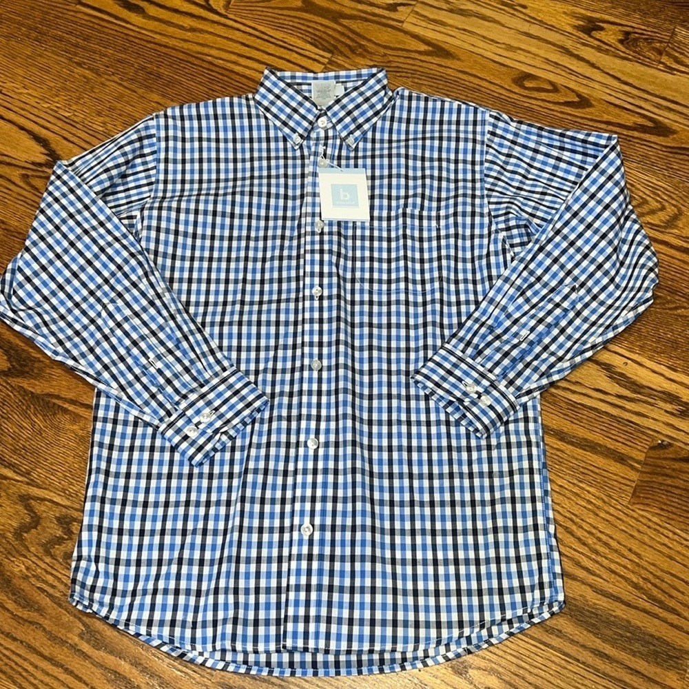 Bella Bliss boys long sleeved button down shirt blue plaid print size 14 NWT